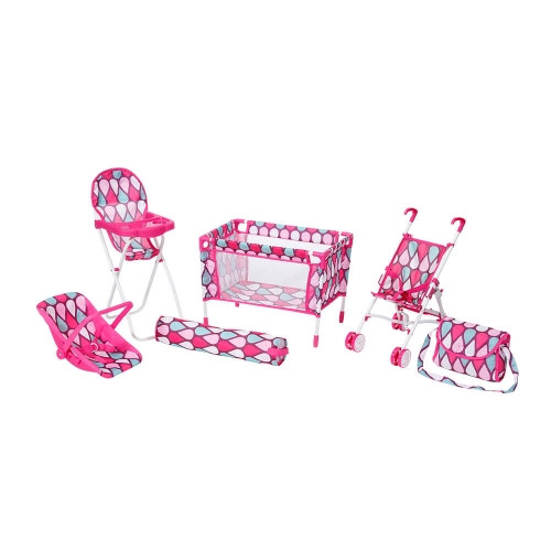Puppenreiseset pink mit Buggy, Reisebett, Autositz, Hochstuhl, Pflegetasche