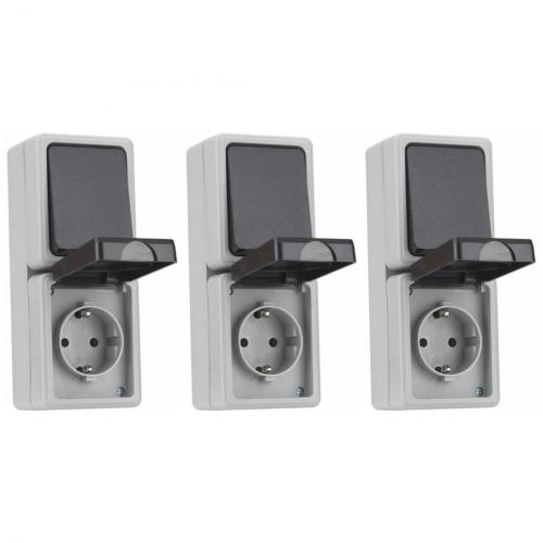 TAFF Feuchtraum Kombination Steckdose Schalter vertikal Aufputz IP44, 3er Set