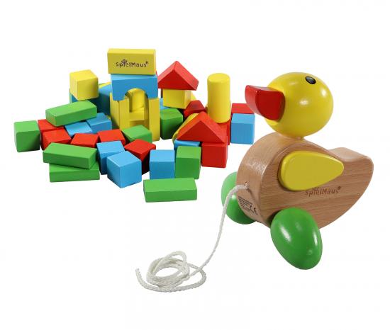 SpielMaus Spiel-Set ab 1 Jahr Holzbausteine bunt 50 teilig mit Nachziehtier Ente
