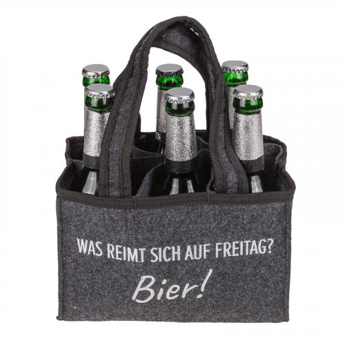 Flaschentasche aus Filz mit 6 Fchern - Motiv: Was reimt sich auf Freitag? Bier!