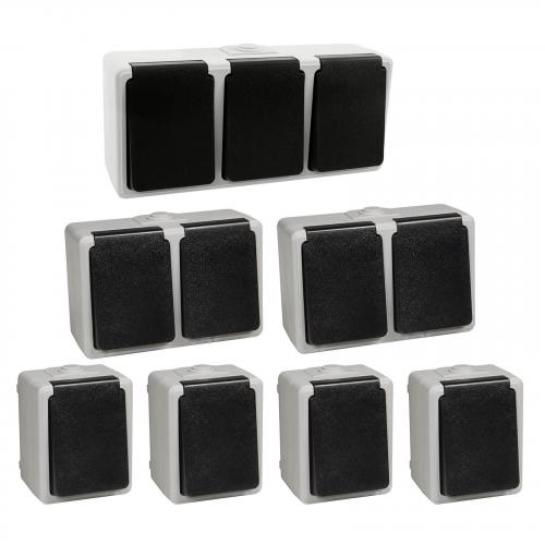 TAFF Feuchtraum Steckdosen Set 7 teilig IP44 1-fach 2-fach 3-fach Aufputz