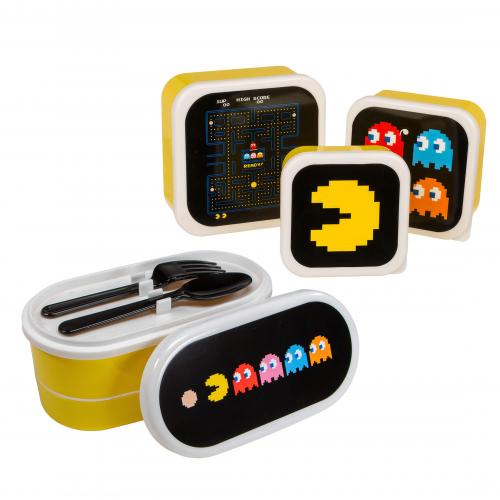 Brotdose Pac-Man Lunchbox Snackdosen Set 4 in 1 mit Besteck