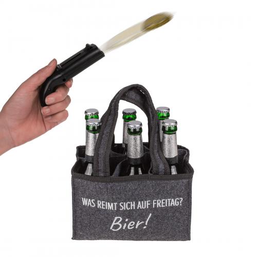 Geschenk-Set Flaschenffner Kronkorken Schieer mit Flaschentasche - Motiv: Was reimt sich auf Freitag? Bier!