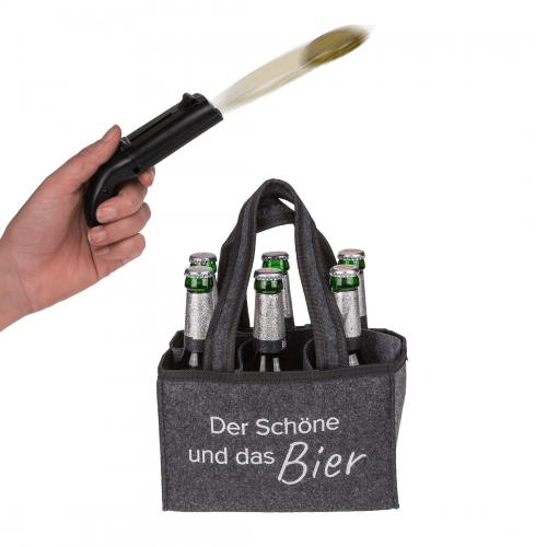 Geschenk-Set Flaschenöffner Kronkorken Schießer mit Flaschentasche - Motiv: Der Schöne und das Bier