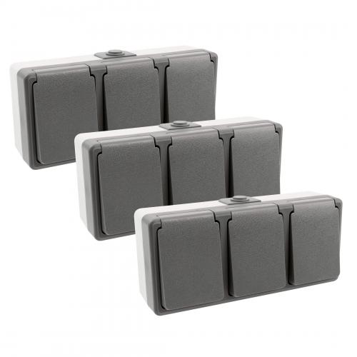 3er Set SECURE Feuchtraum Dreifach Steckdose horizontal IP44 Aufputz