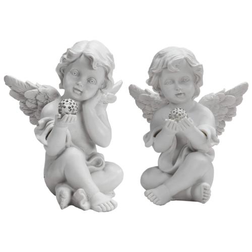 2er Set weie Polyresin Engel sitzend mit Kristalldeko