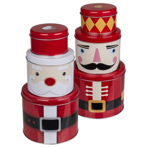 2x 3er Set Metall Gebckdose Weihnachtsmann + Nussknacker, Stapeldosen