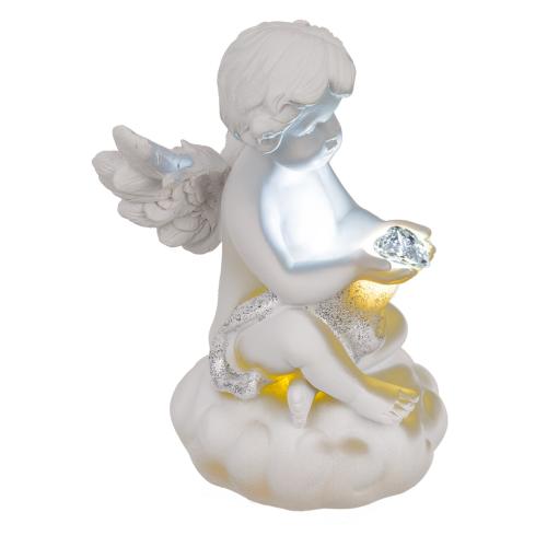 Sitzender Engel mit leuchtendem LED Herz - Deko Engelfigur mit Licht