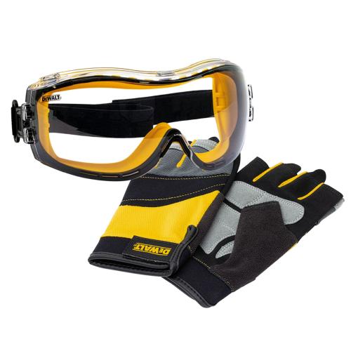 DeWalt Vollsicht Schutzbrille mit fingerfreien Grip Handschuhen Arbeitshandschuhe Set