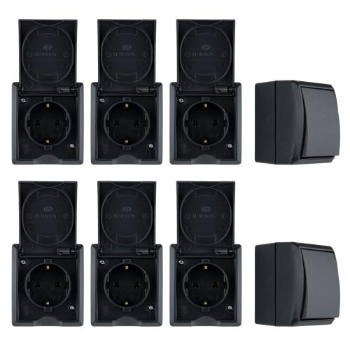 8 teiliges REV Feuchtraum Steckdosen Schalter Set Aquaform Anthrazit