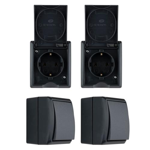 4 teiliges REV Feuchtraum Steckdosen Schalter Set Aquaform Anthrazit