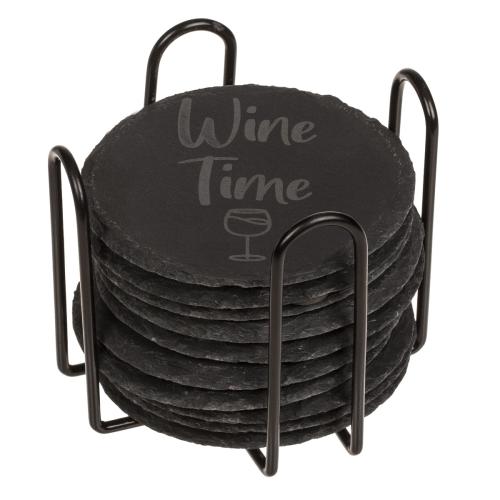 12 Untersetzer aus Schiefer mit Laserdruck Wine Time im Metallaufsteller